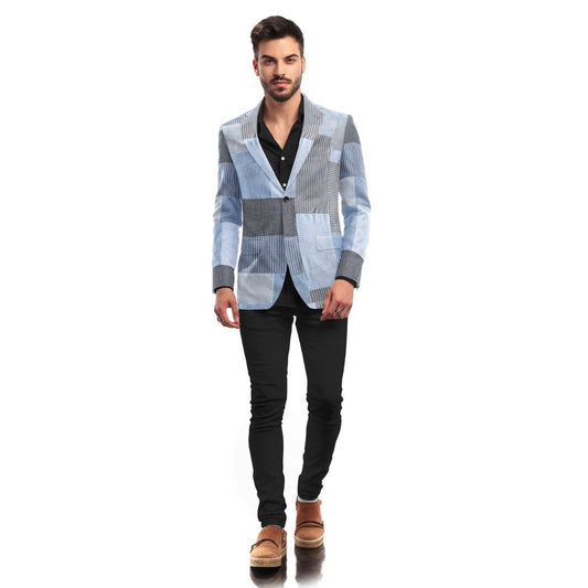 Bluestone patchwork blazer with a refined fit, crafted from sustainable cotton, in a chic bluish-grey hue.
