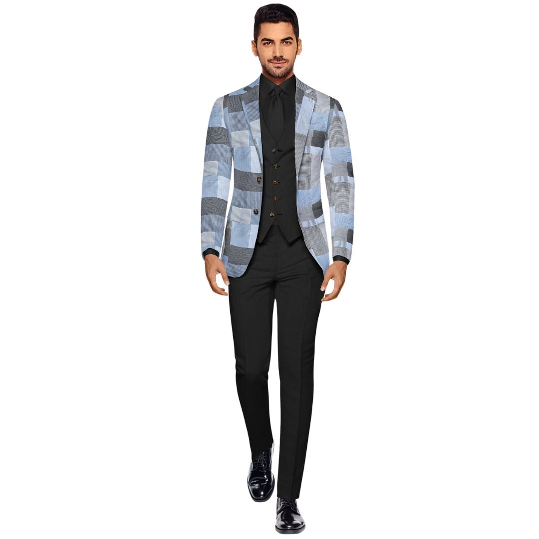 Bluestone patchwork blazer with a refined fit, crafted from sustainable cotton, in a chic bluish-grey hue.
