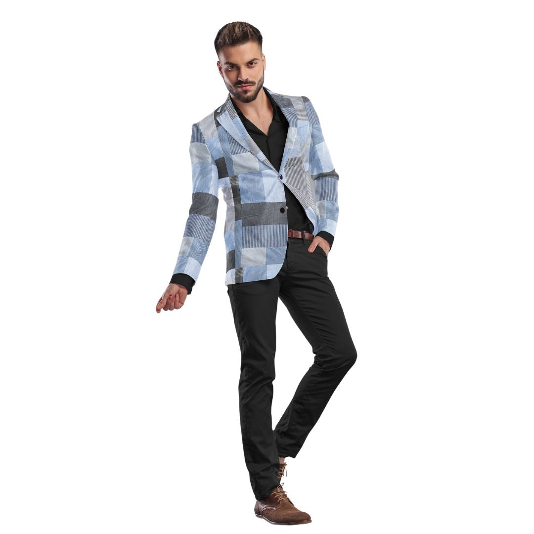 Bluestone patchwork blazer with a refined fit, crafted from sustainable cotton, in a chic bluish-grey hue.