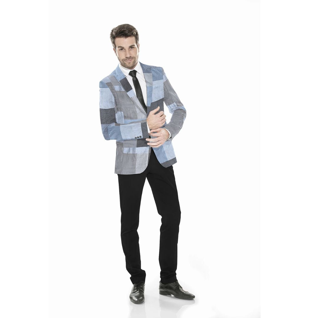 Bluestone patchwork blazer with a refined fit, crafted from sustainable cotton, in a chic bluish-grey hue.