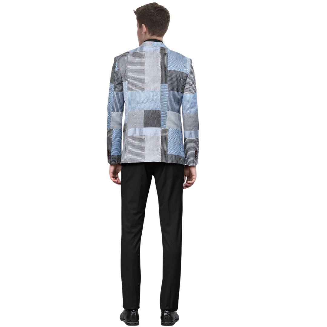 Bluestone patchwork blazer with a refined fit, crafted from sustainable cotton, in a chic bluish-grey hue.