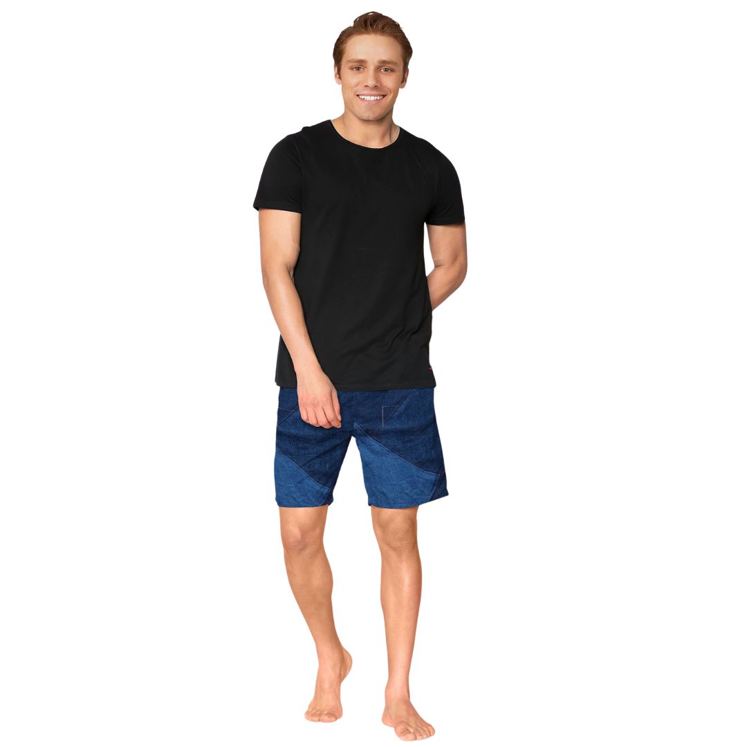 Denim Revival Shorts with unique patchwork design, crafted from upcycled denim.