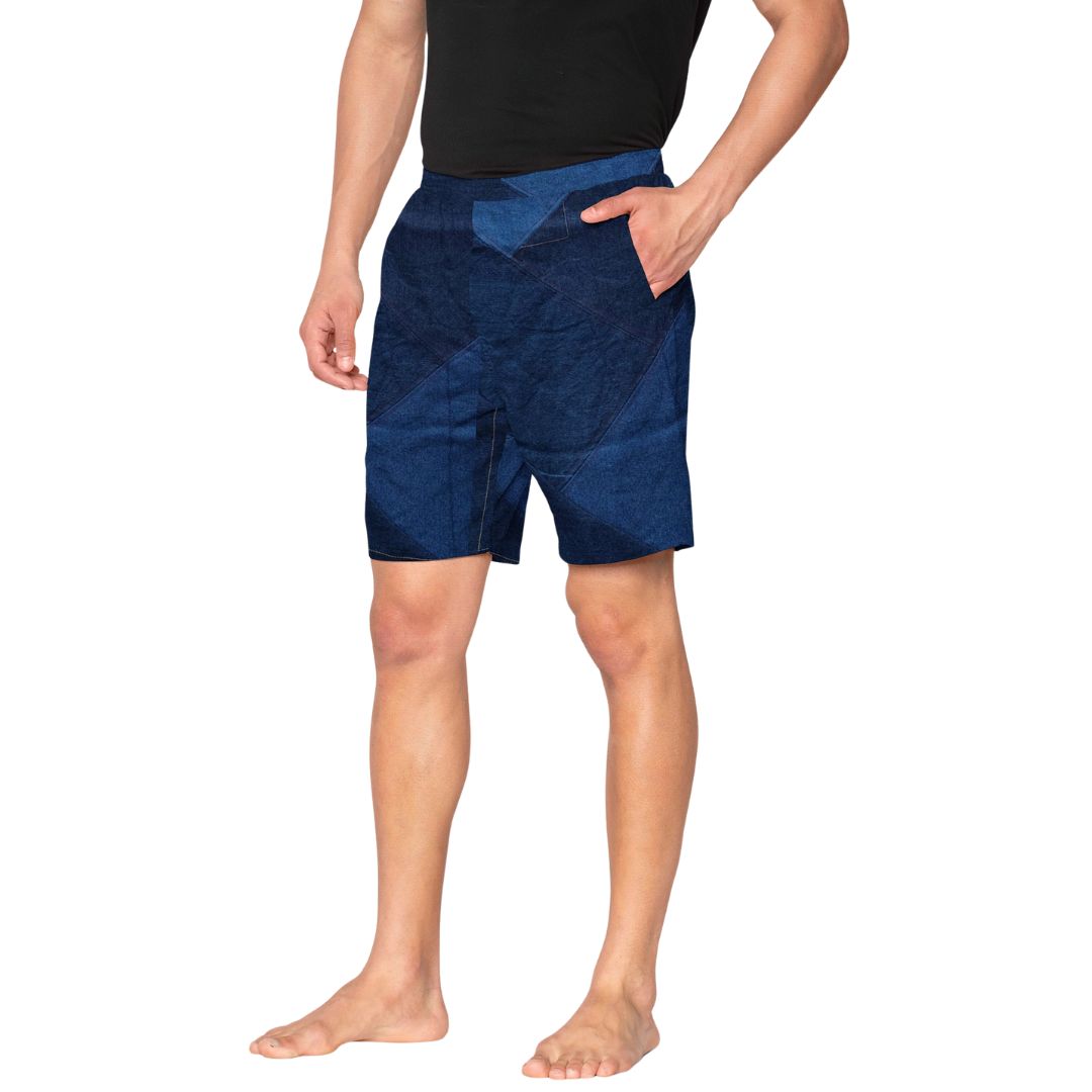 Denim Revival Shorts with unique patchwork design, crafted from upcycled denim.