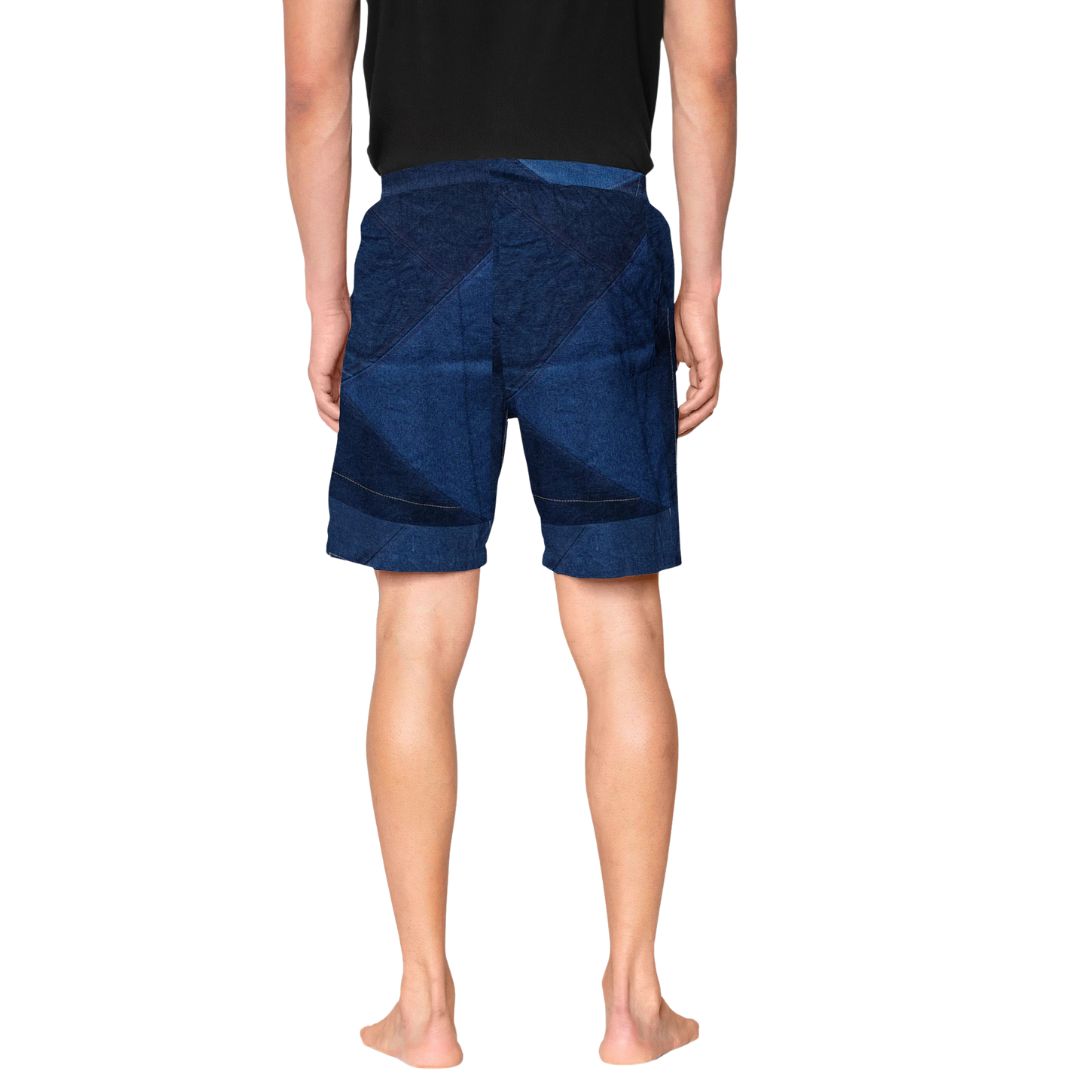 Denim Revival Shorts with unique patchwork design, crafted from upcycled denim.