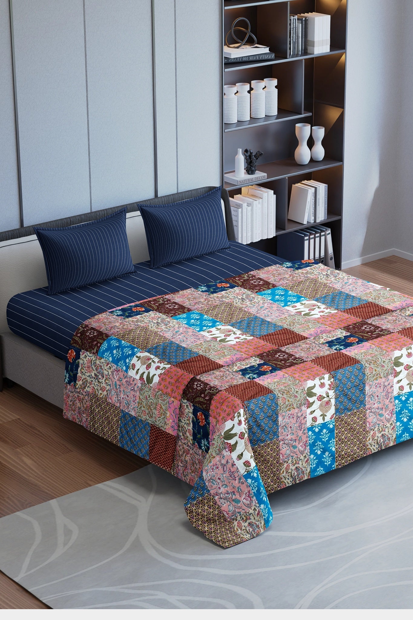 Colorful ethnic print patchwork bed quilt by Bunko Junko, showcasing vibrant and artistic designs with a blend of ethnic patterns. Ideal for adding a unique touch to your bedroom decor.
