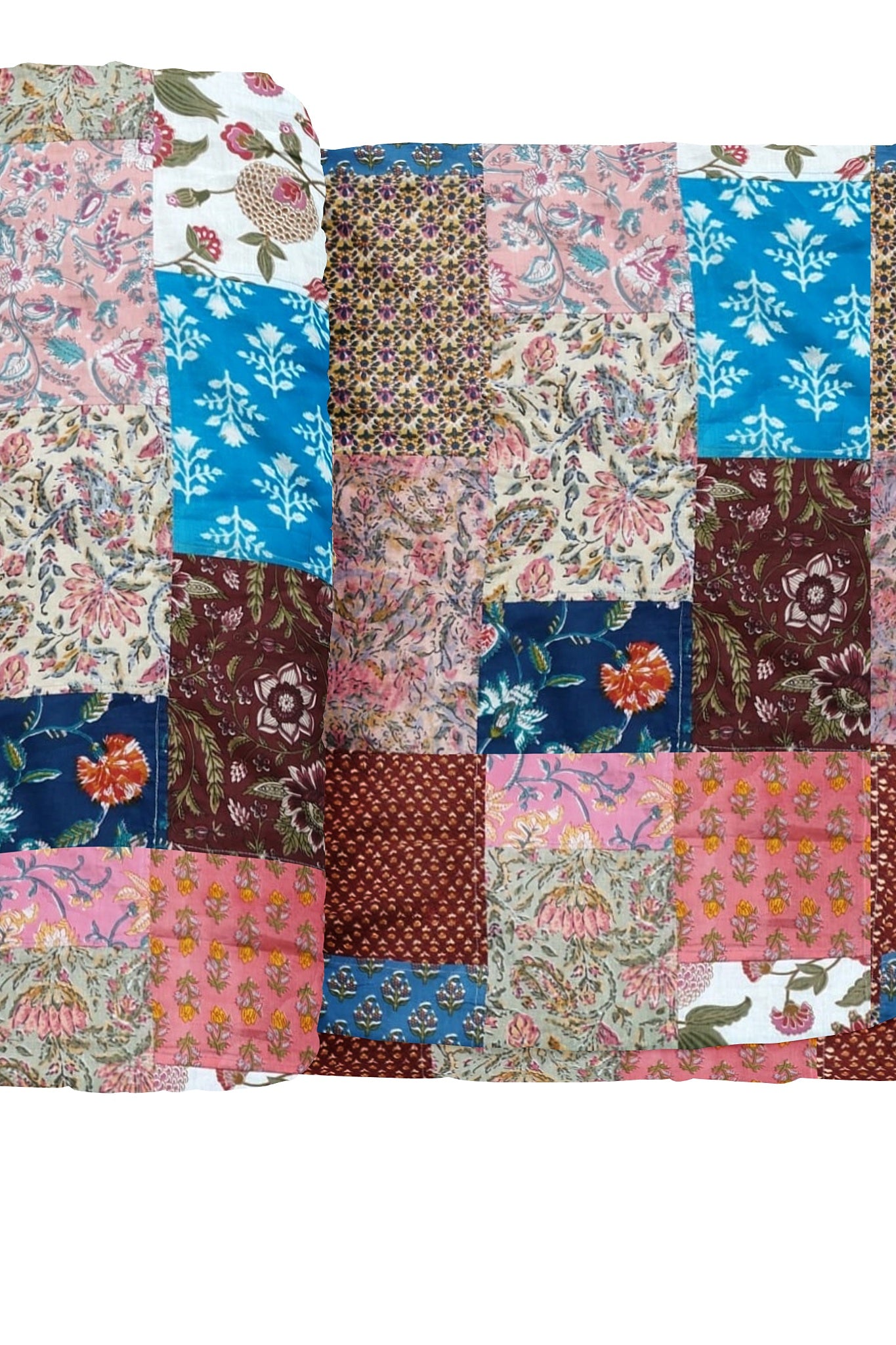 Colorful ethnic print patchwork bed quilt by Bunko Junko, showcasing vibrant and artistic designs with a blend of ethnic patterns. Ideal for adding a unique touch to your bedroom decor.