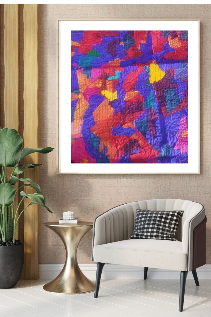 Colorburst Collage Wall Frame by Bunko Junko: A colorful and artistic textile offcut wall frame for eye-catching home decor.