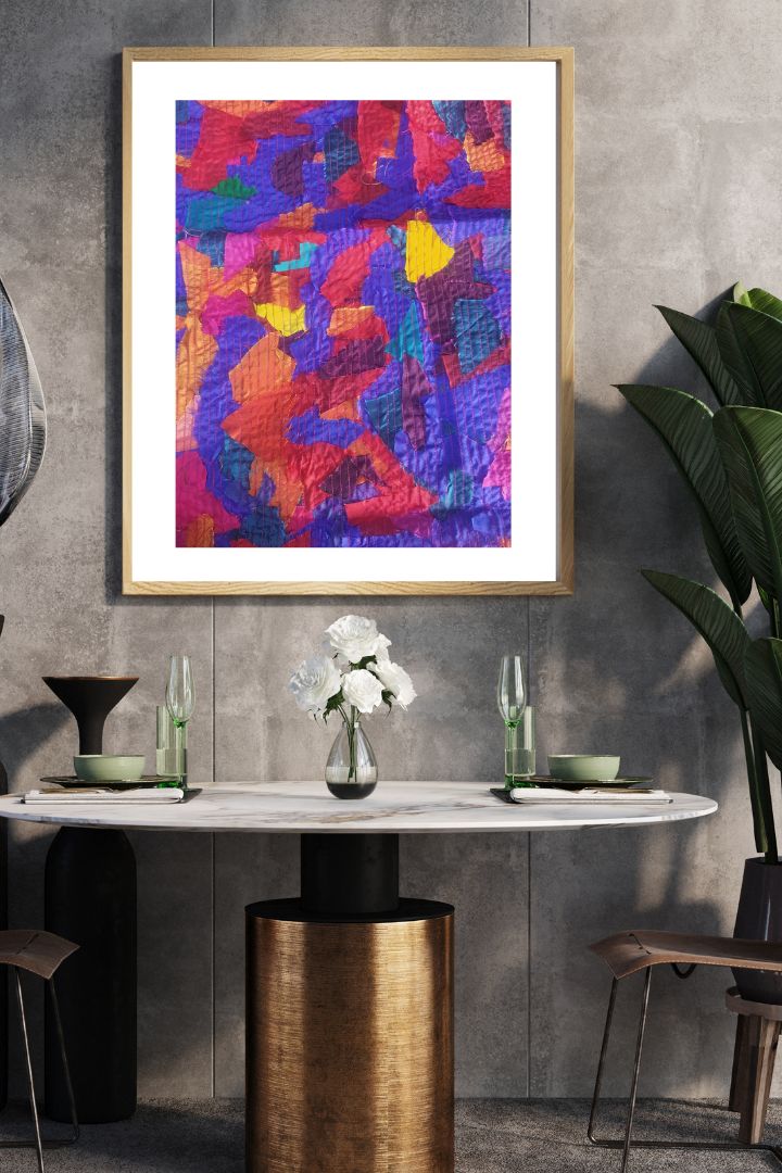 Colorburst Collage Wall Frame by Bunko Junko: A colorful and artistic textile offcut wall frame for eye-catching home decor.