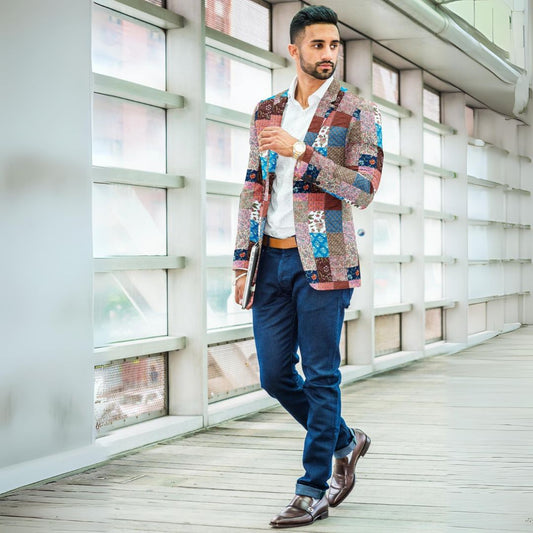 Handcrafted blazer with rich Jaipur prints and diverse fabrics, featuring a blend of traditional craftsmanship and elegant style.