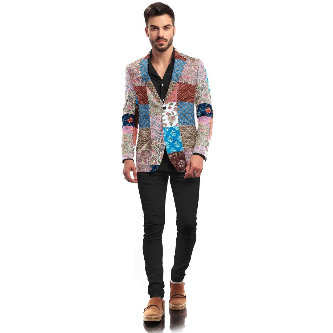 Handcrafted blazer with rich Jaipur prints and diverse fabrics, featuring a blend of traditional craftsmanship and elegant style.