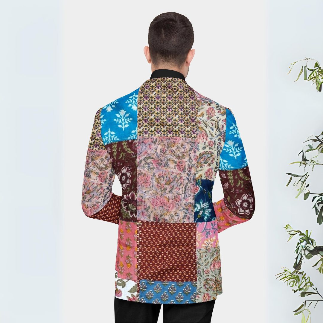 Handcrafted blazer with rich Jaipur prints and diverse fabrics, featuring a blend of traditional craftsmanship and elegant style.