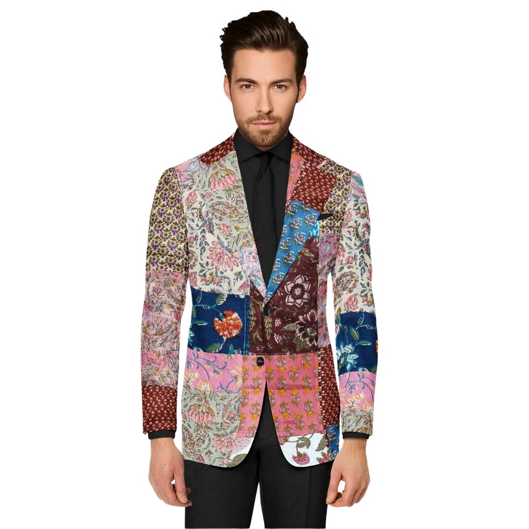 Handcrafted blazer with rich Jaipur prints and diverse fabrics, featuring a blend of traditional craftsmanship and elegant style.