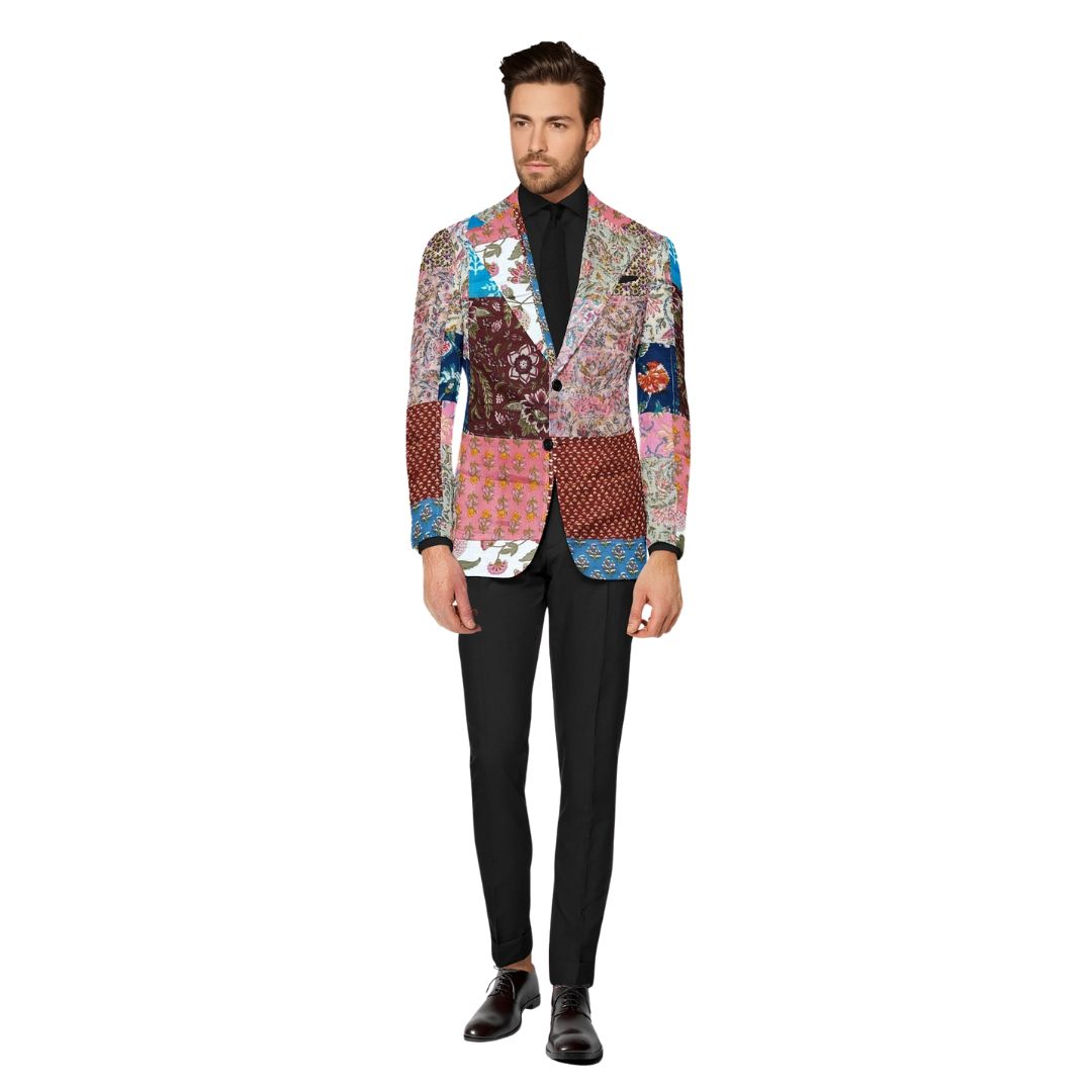 Handcrafted blazer with rich Jaipur prints and diverse fabrics, featuring a blend of traditional craftsmanship and elegant style.