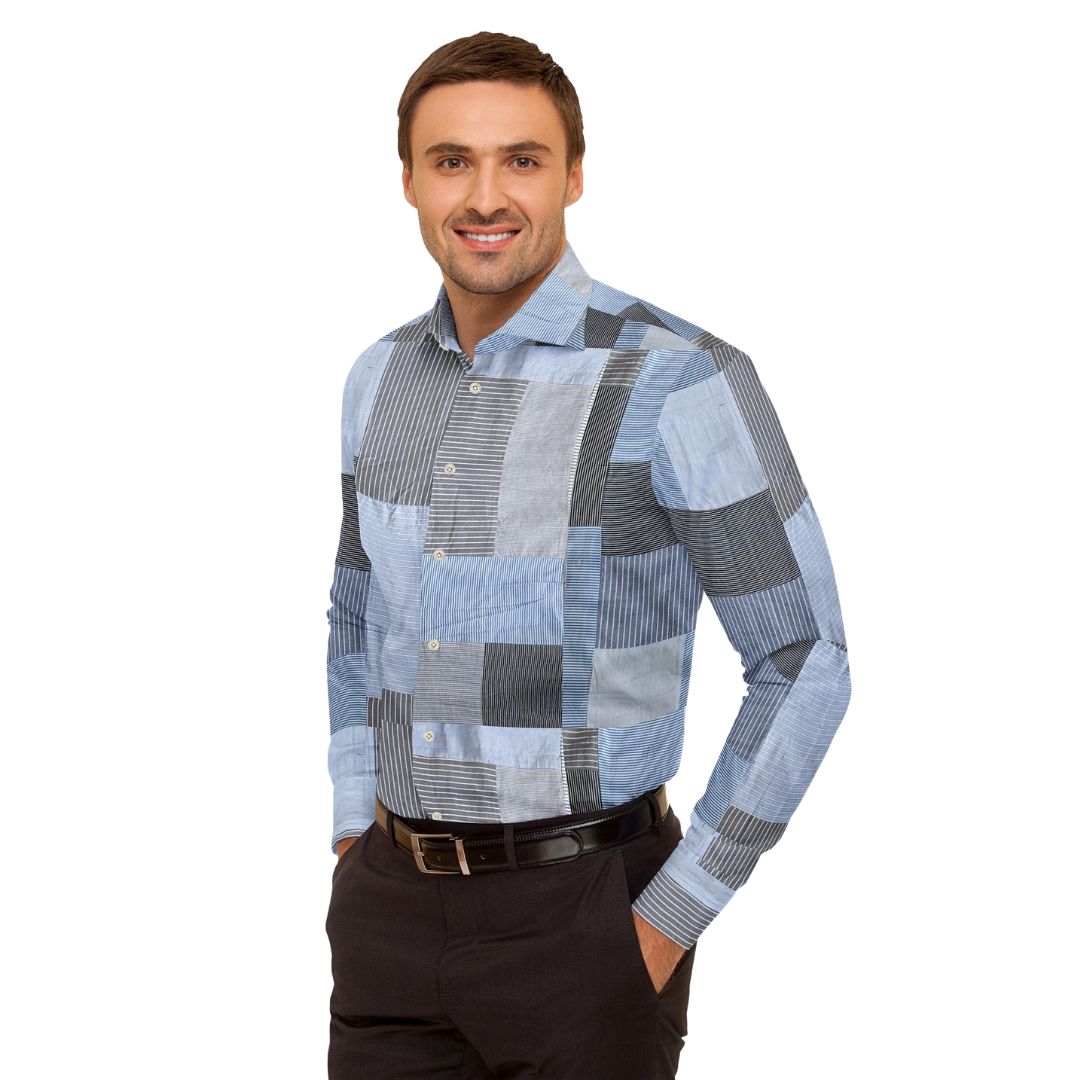 Make a statement with the Horizon Blue Patchwork Shirt, featuring light blue hues and unique patched textiles for a touch of elegance and sophistication in any outfit.