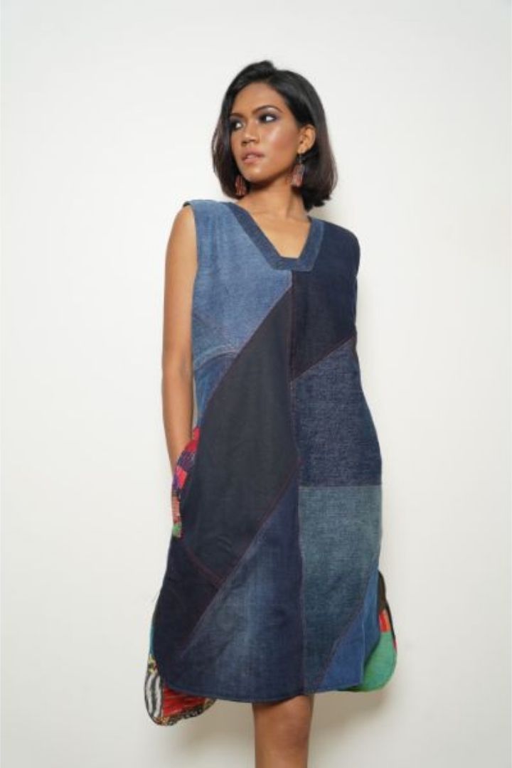 Colorful patchwork denim dress by Bunko Junko