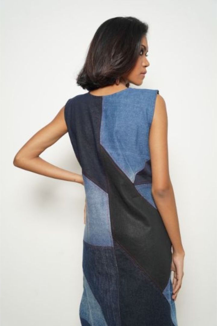 Colorful patchwork denim dress by Bunko Junko