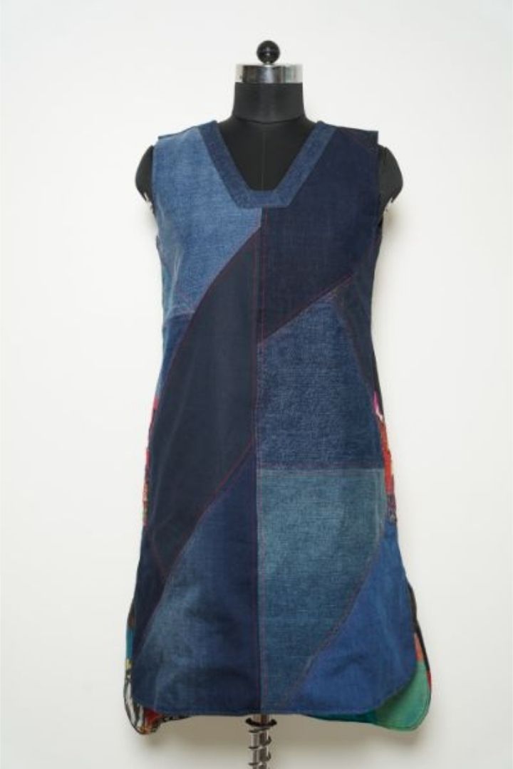 Colorful patchwork denim dress by Bunko Junko