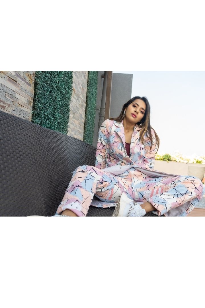 Pastel Dreams Blazer with Trouser Co-Ord by Bunko Junko: A stylish, upcycled set featuring a pastel blazer and matching trousers.