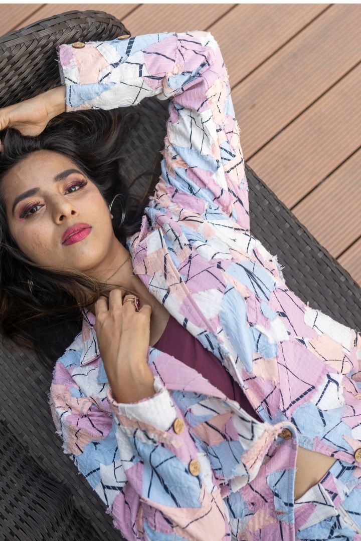 Pastel Dreams Blazer with Trouser Co-Ord by Bunko Junko: A stylish, upcycled set featuring a pastel blazer and matching trousers.