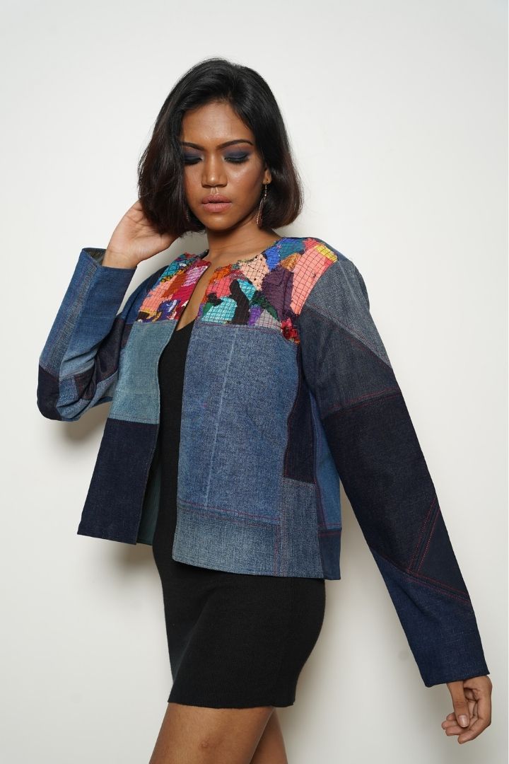 Patchy Boho Denim Jacket: Eco-friendly Fashion from BunkoJunko.