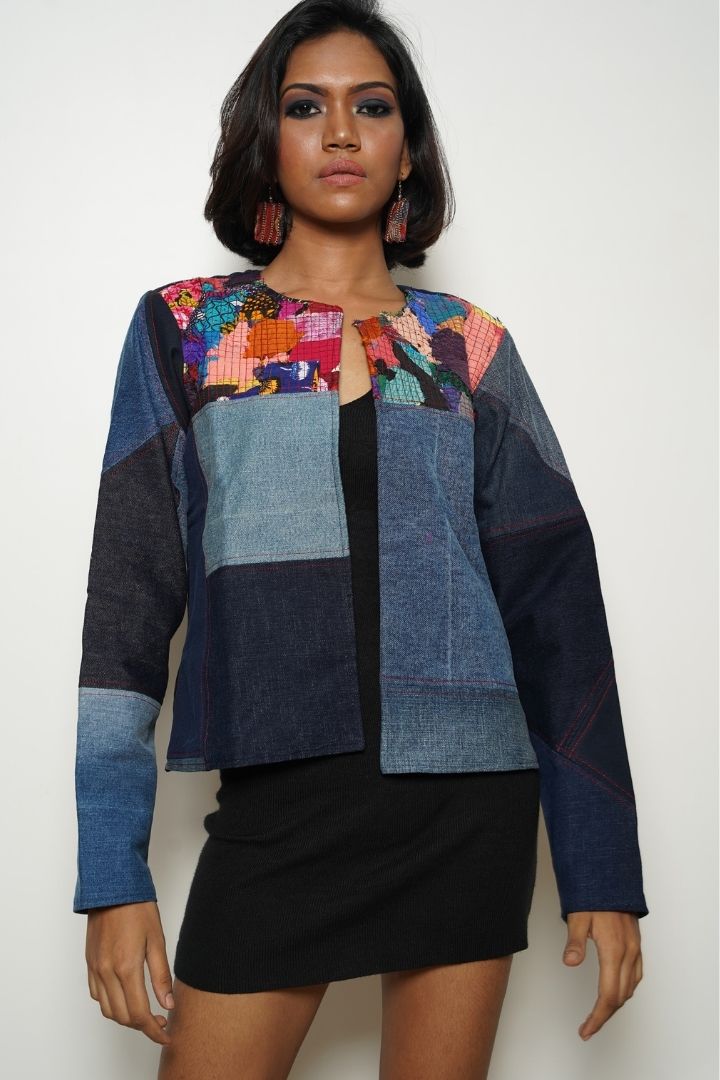 Patchy Boho Denim Jacket: Eco-friendly Fashion from BunkoJunko.