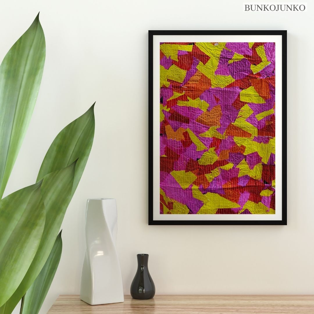 Textile Collage Creations by Bunko Junko, unique wall decor blending artistic fabric designs.