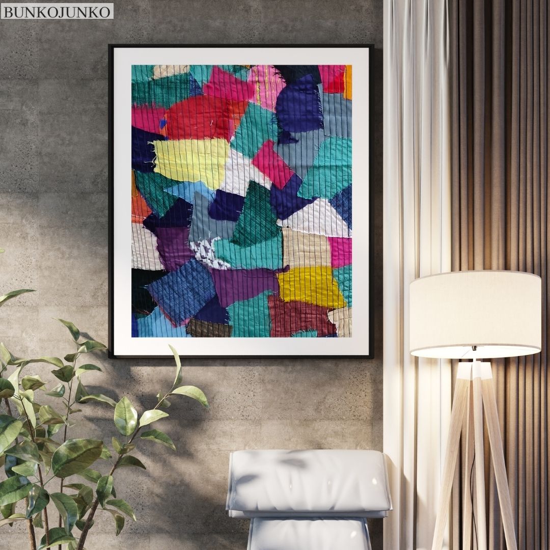 Textile Collage Creations by Bunko Junko, unique wall decor blending artistic fabric designs.