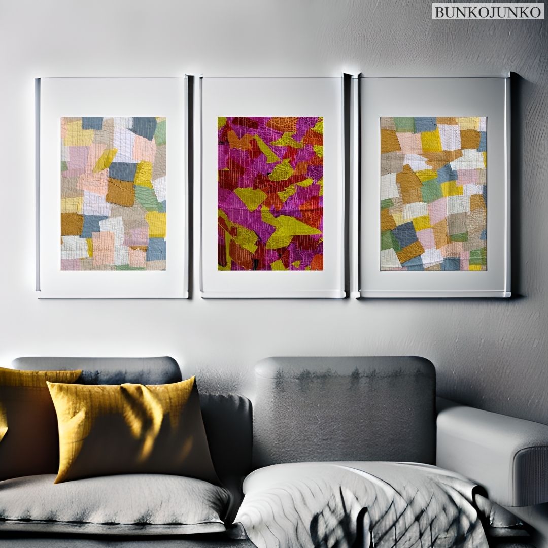 Triad of Textile Elegance Wall Decor by Bunko Junko, showcasing a trio of sophisticated fabric designs.