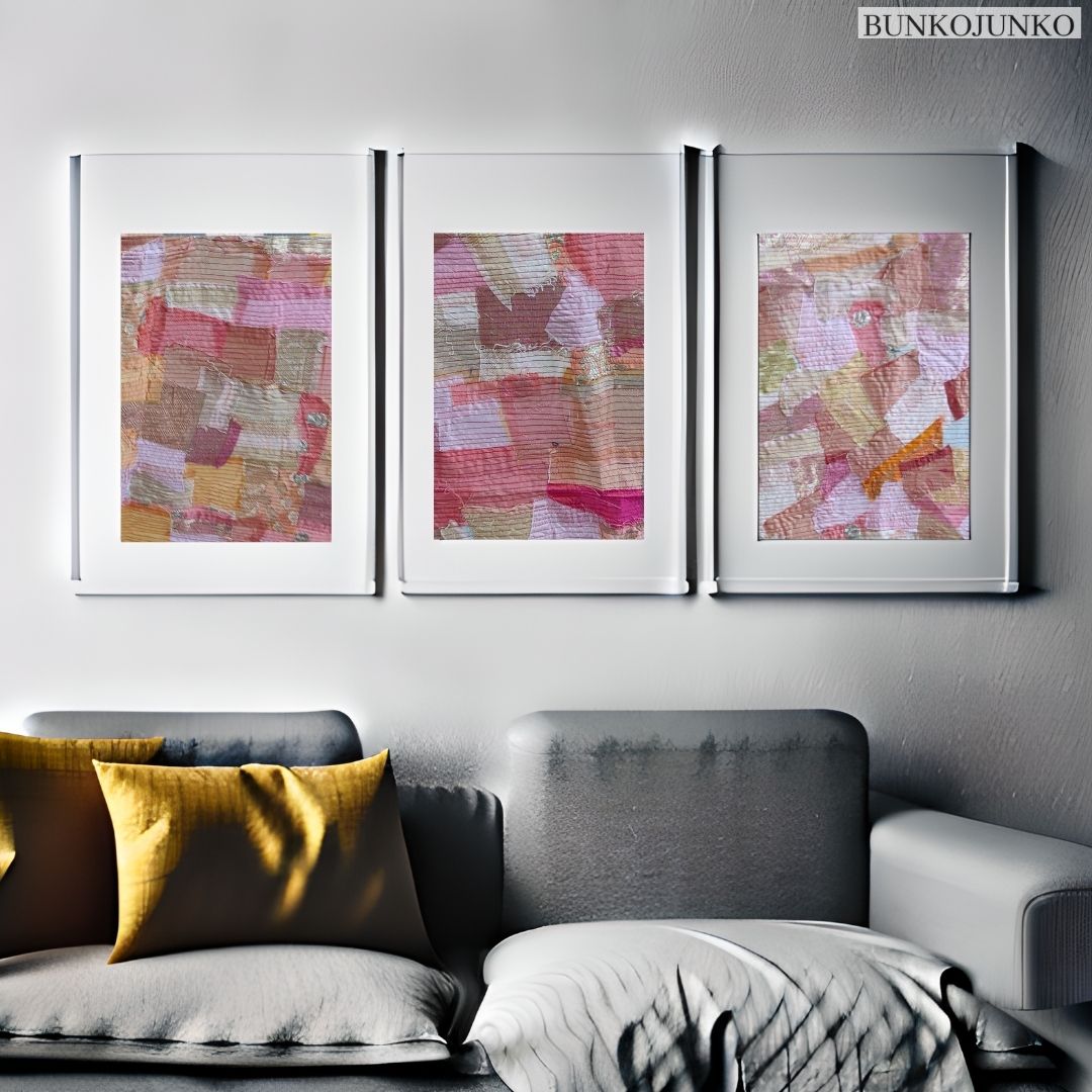 Triad of Textile Elegance Wall Decor by Bunko Junko, showcasing a trio of sophisticated fabric designs.