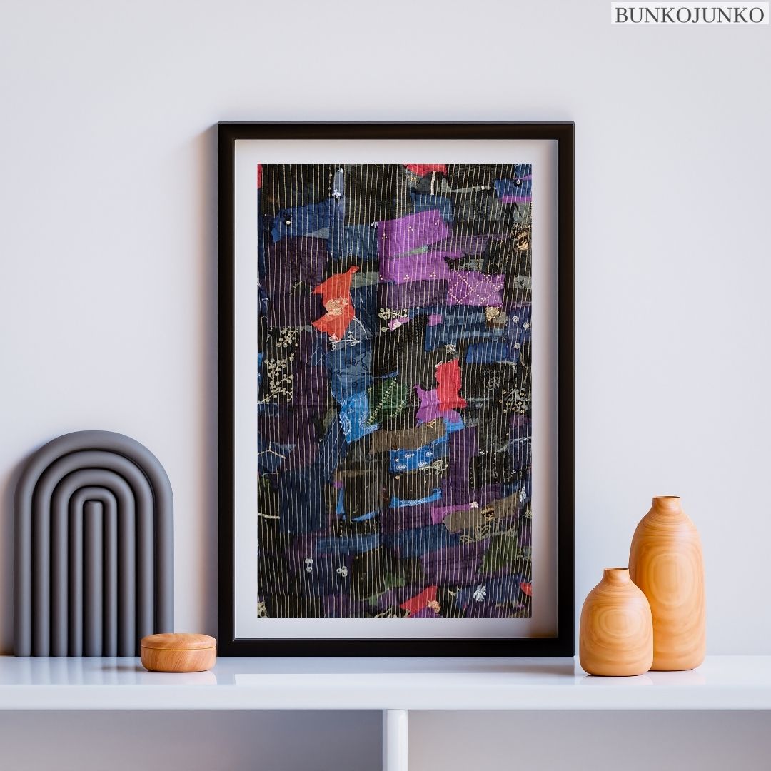 Artistic wall decor frame made from upcycled fabric scraps by Bunko Junko.