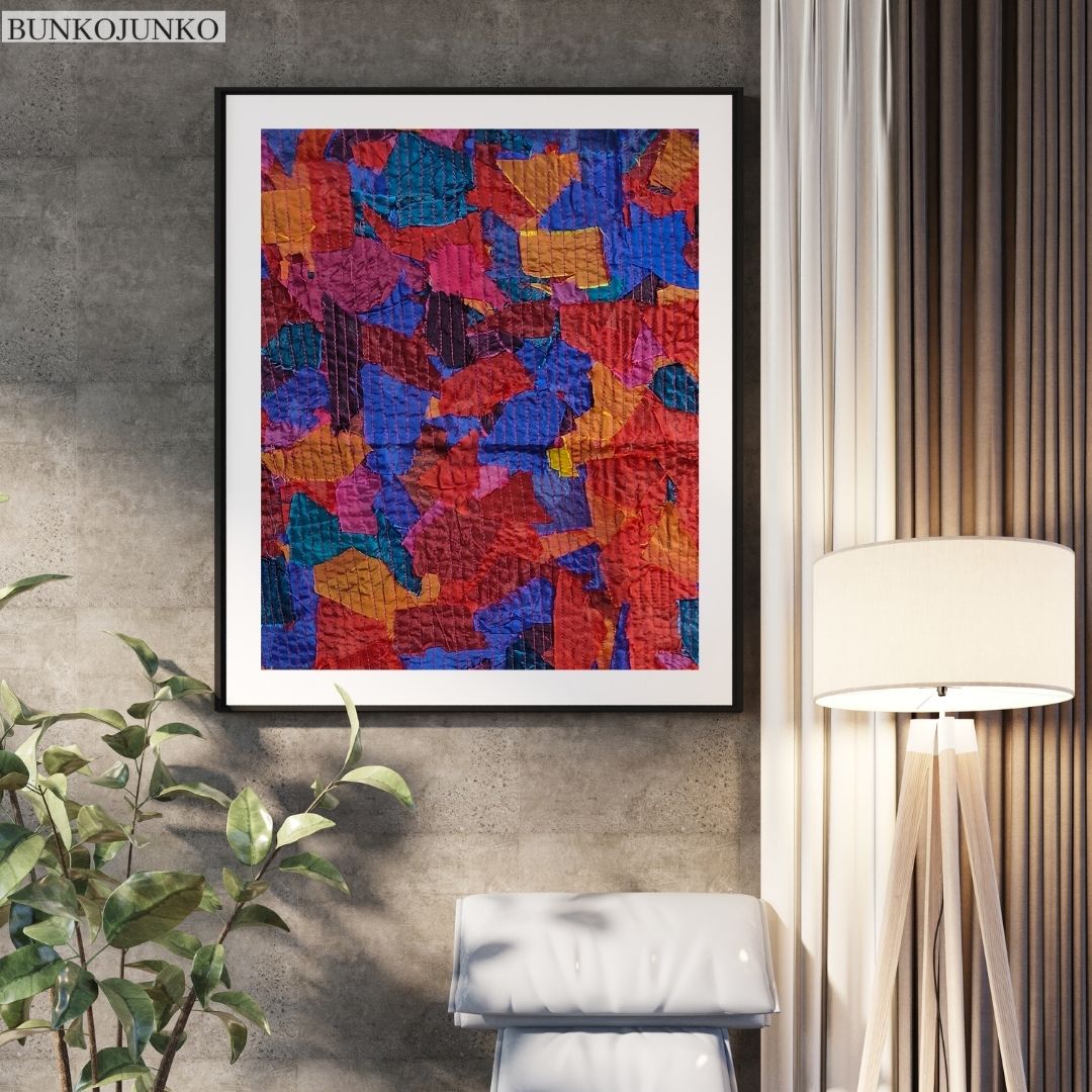 Artistic wall decor frame made from upcycled fabric scraps by Bunko Junko.