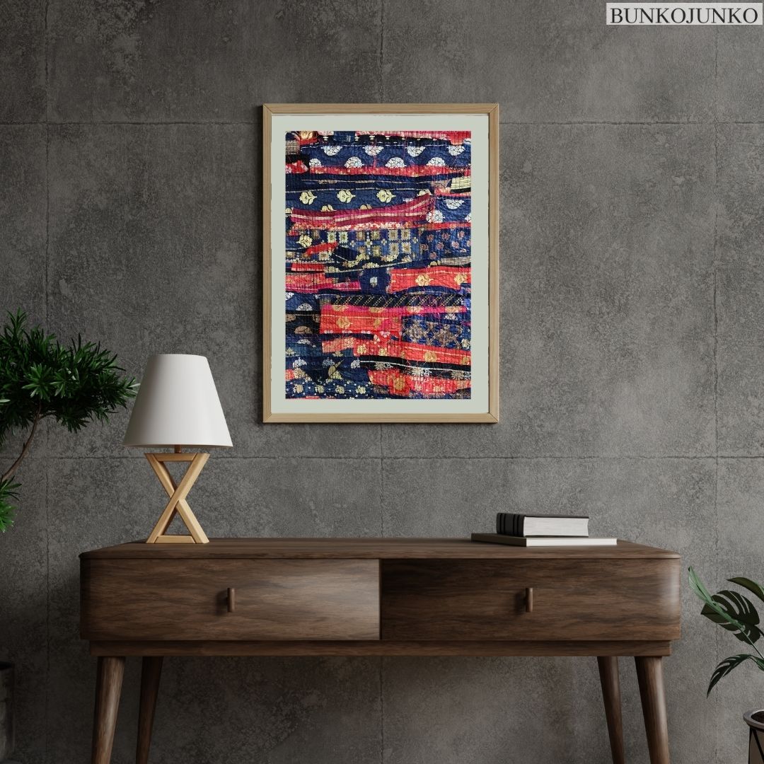 Artistic wall decor frame made from upcycled fabric scraps by Bunko Junko.