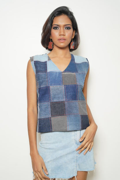 Checker Denim Sleeveless Top: A chic and versatile sleeveless top with a checker pattern.