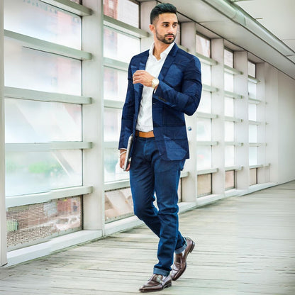  Blue denim patchwork blazer with a tailored fit, featuring a unique mosaic design and versatile style.