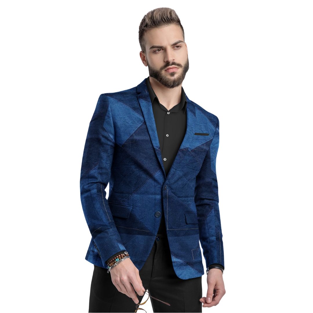  Blue denim patchwork blazer with a tailored fit, featuring a unique mosaic design and versatile style.