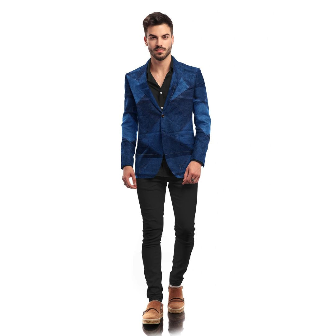  Blue denim patchwork blazer with a tailored fit, featuring a unique mosaic design and versatile style.