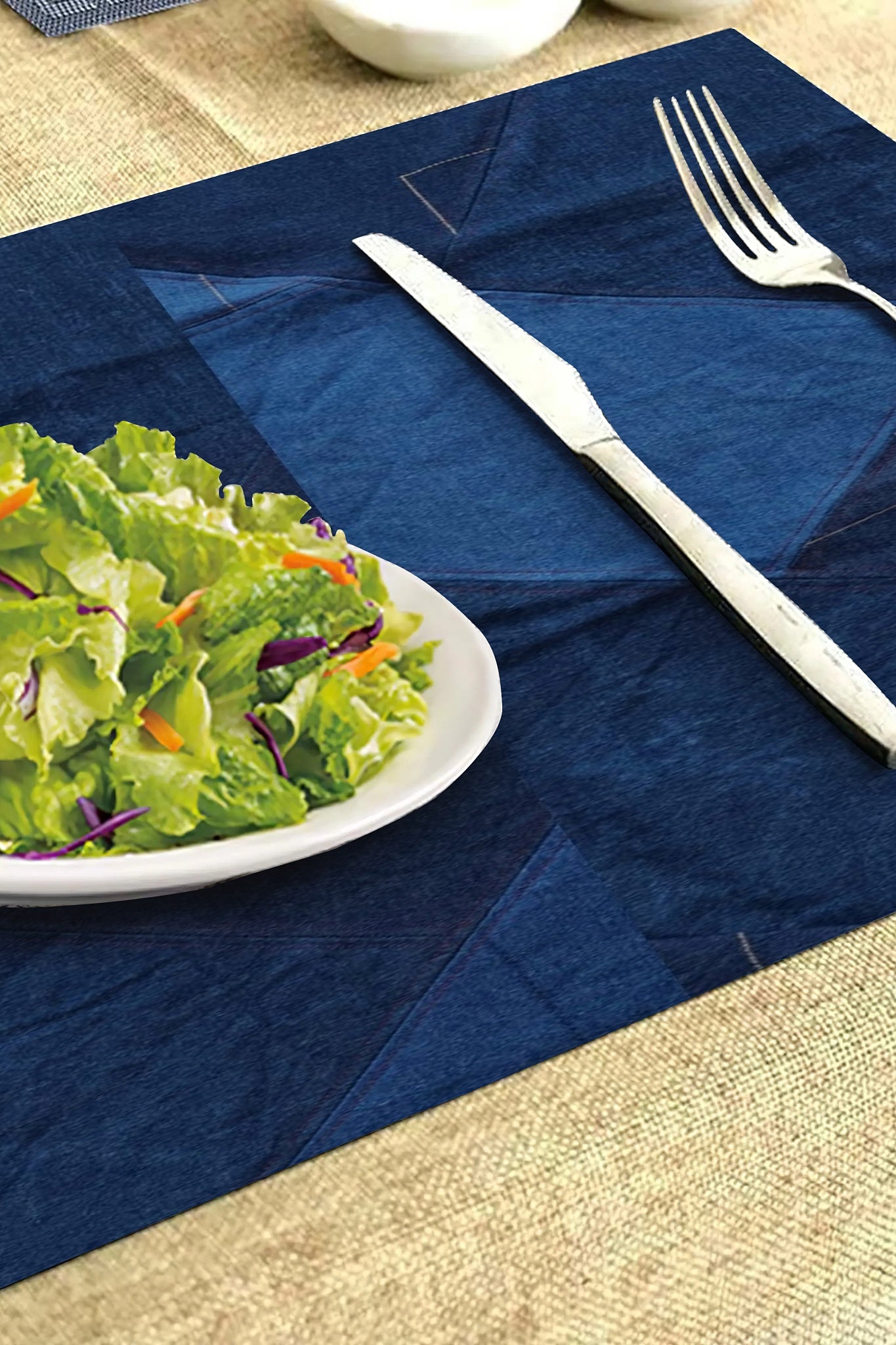 Eco-friendly denim table mats made from upcycled denim, offering a stylish and sustainable touch to your dining setup.