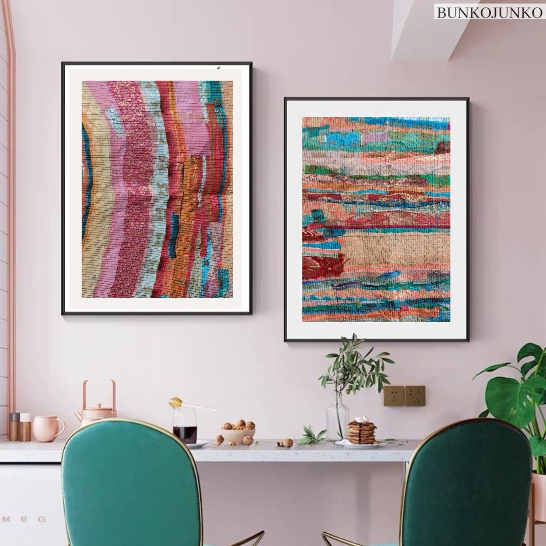 Fabric Masterpieces Wall Decor by Bunko Junko, creatively assembled from repurposed fabric scraps.