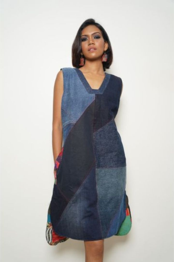 Buy Women Sleevless Dark Blue Denim A-Line Dress - Global Republic