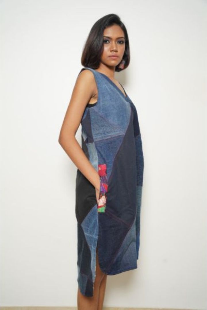 Colorful patchwork denim dress by Bunko Junko
