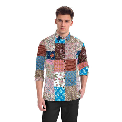 A colorful Kaleidoscope Patchwork Shirt featuring a vibrant mix of upcycled fabrics in various patterns and hues. The shirt showcases a unique, eye-catching patchwork design.