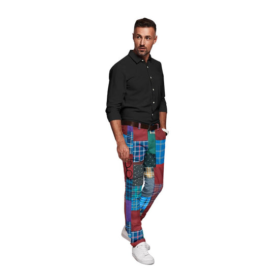 Men's Paragon Stitch Pants featuring a unique mix of upcycled checkered and color-blocked fabrics, showcasing a stylish and comfortable design.