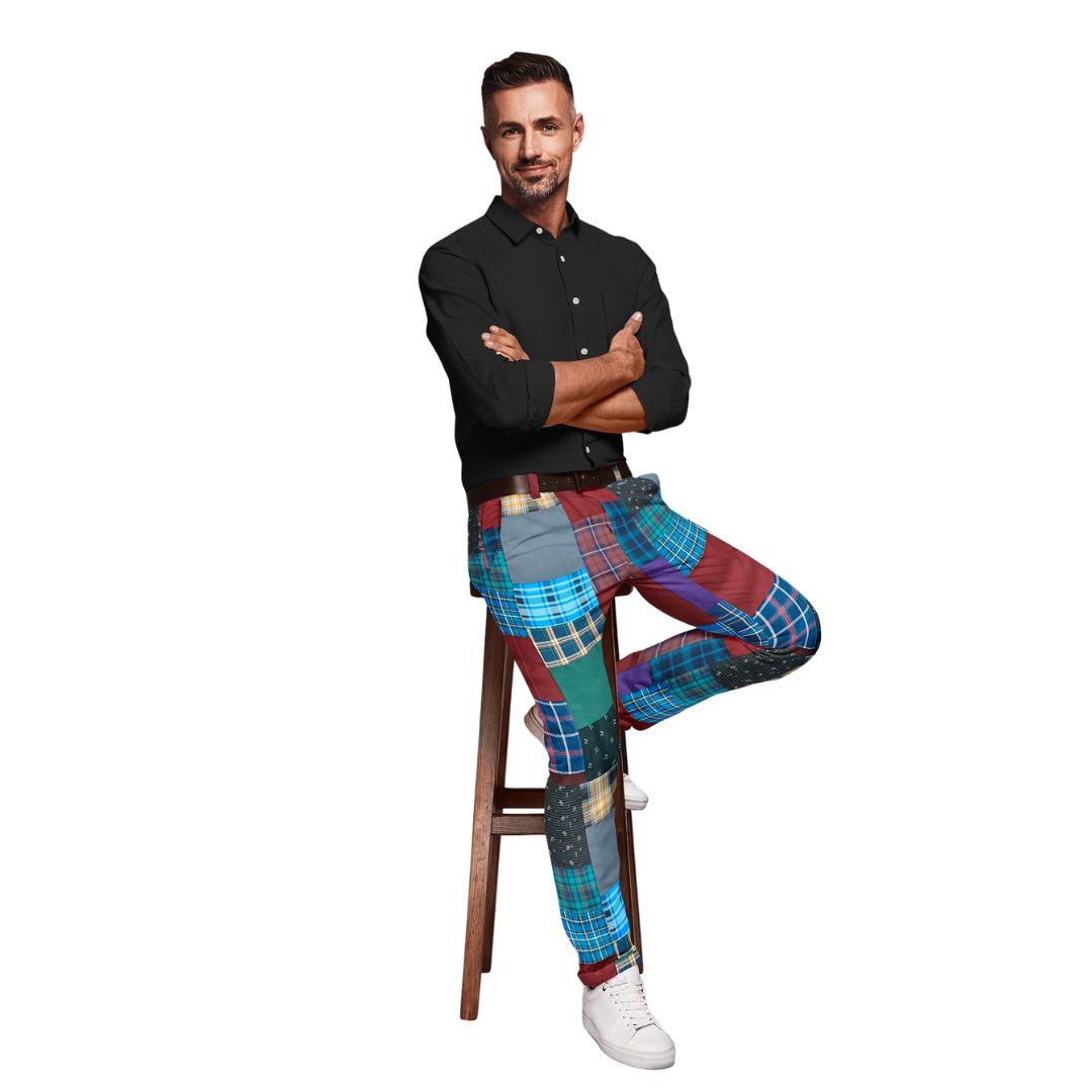 Men's Paragon Stitch Pants featuring a unique mix of upcycled checkered and color-blocked fabrics, showcasing a stylish and comfortable design.