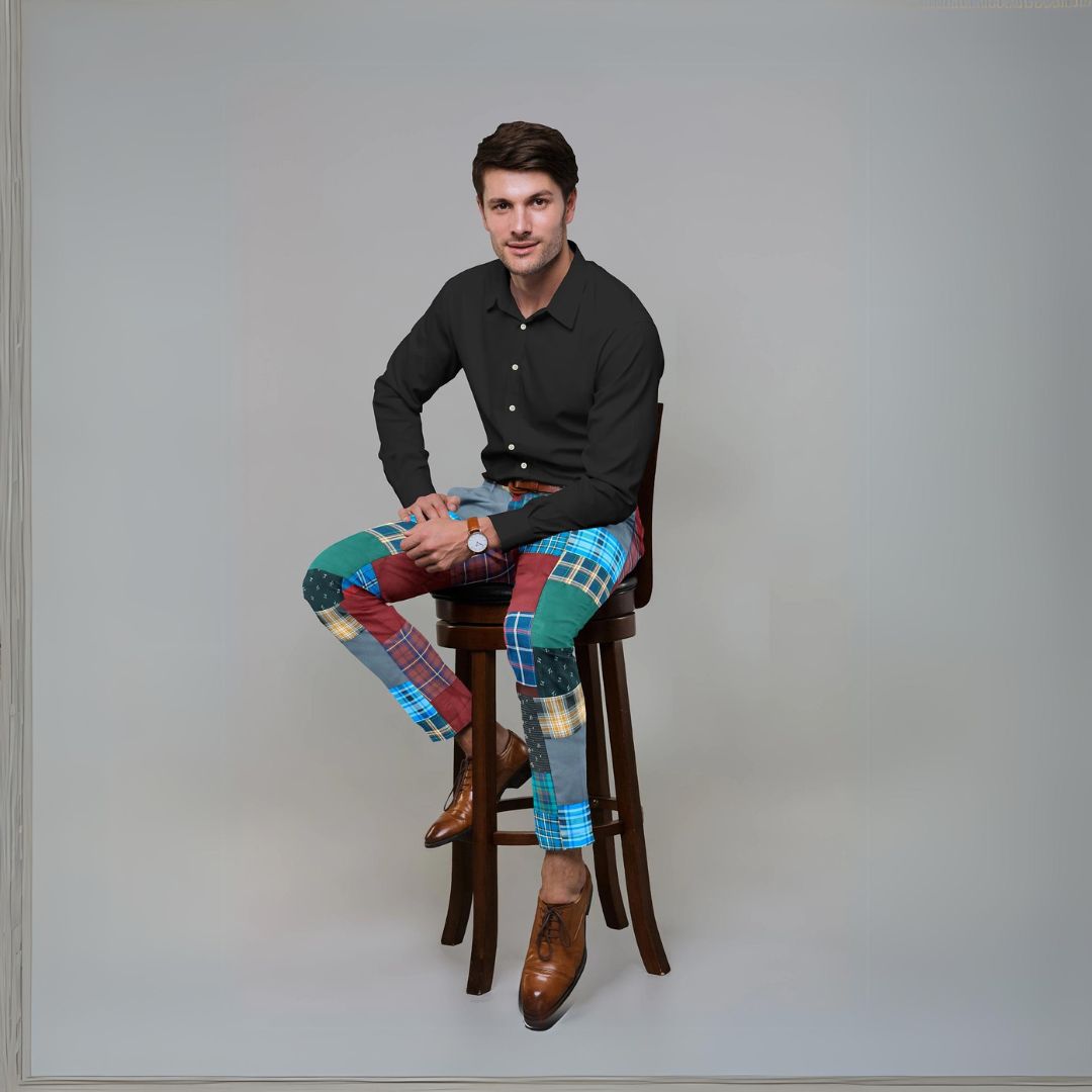 Men's Paragon Stitch Pants featuring a unique mix of upcycled checkered and color-blocked fabrics, showcasing a stylish and comfortable design.
