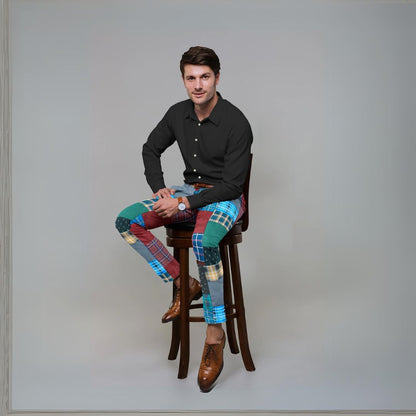 Men's Paragon Stitch Pants featuring a unique mix of upcycled checkered and color-blocked fabrics, showcasing a stylish and comfortable design.