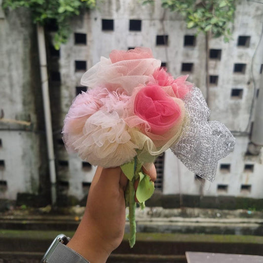 Romantic Scarlet Bouquet by Bunko Junko featuring an elegant arrangement of pink flowers with accents of white and silver, perfect for expressing love and romance.