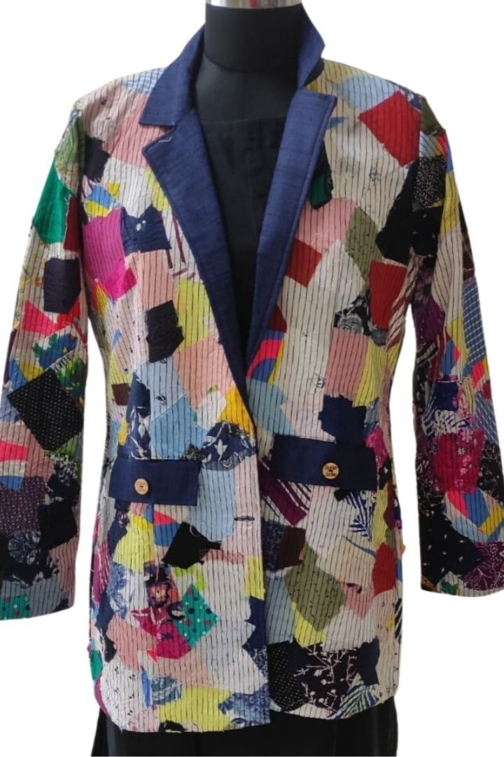 Women’s Assorted One-of-a-Kind Jacket by Bunko Junko: A unique, upcycled jacket featuring a variety of fabrics and designs.