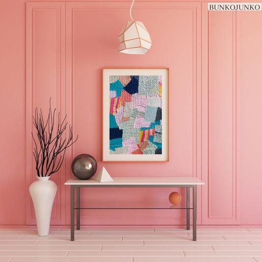 Textile Collage Creations by Bunko Junko, unique wall decor blending artistic fabric designs.