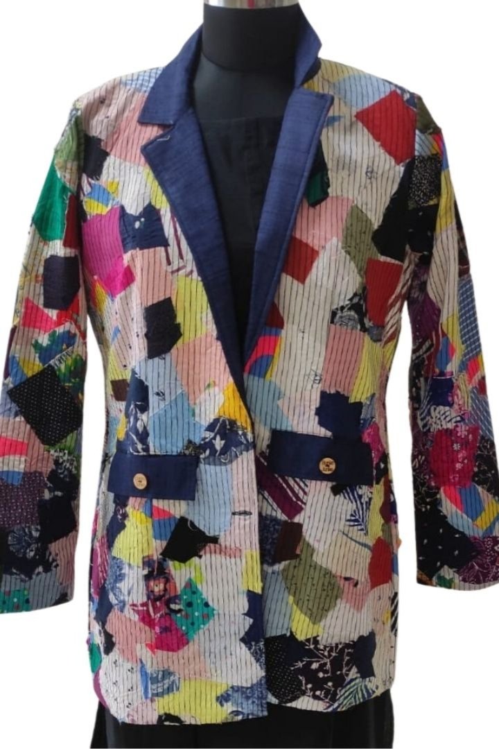 Women’s Assorted One-of-a-Kind Jacket by Bunko Junko: A unique, upcycled jacket featuring a variety of fabrics and designs.