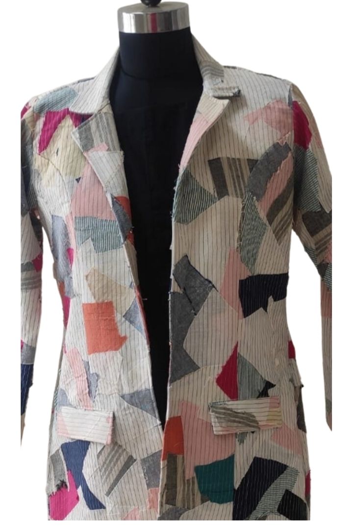 Women’s Assorted One-of-a-Kind Jacket by Bunko Junko: A unique, upcycled jacket featuring a variety of fabrics and designs.